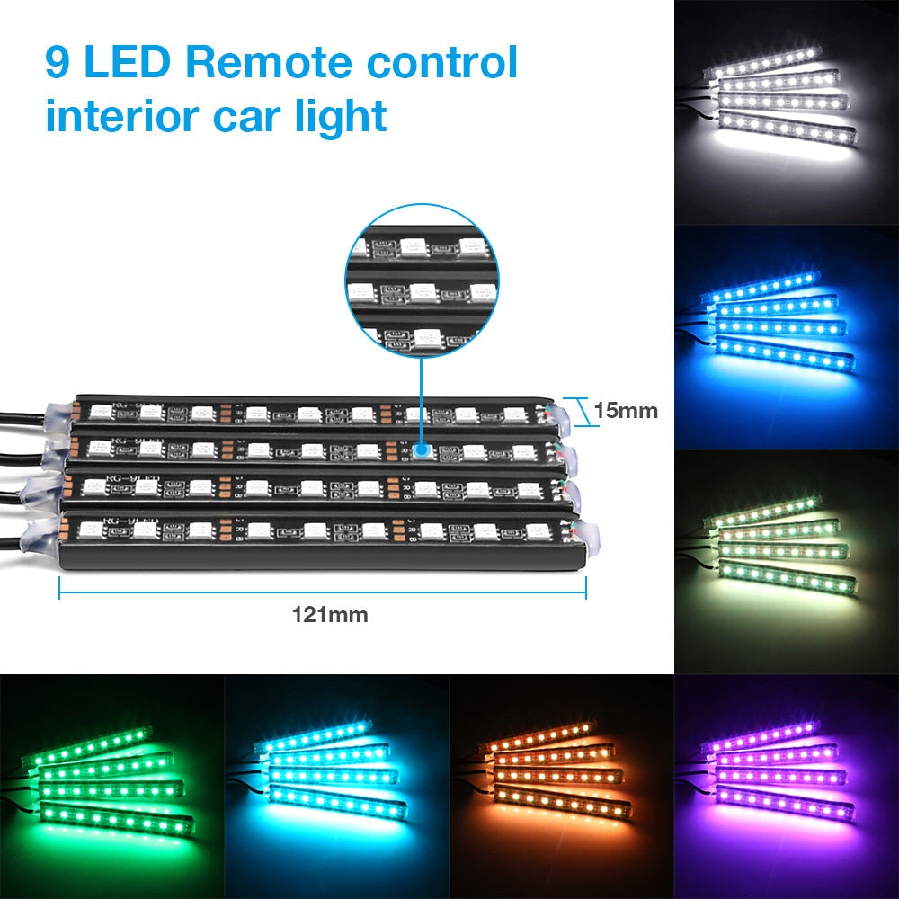 RGB Interior Car LED Light Kit with Remote, 4-Piece Color-Changing Ambient Strips