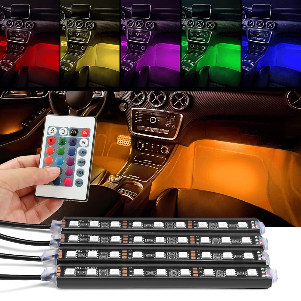 RGB Interior Car LED Light Kit with Remote, 4-Piece Color-Changing Ambient Strips