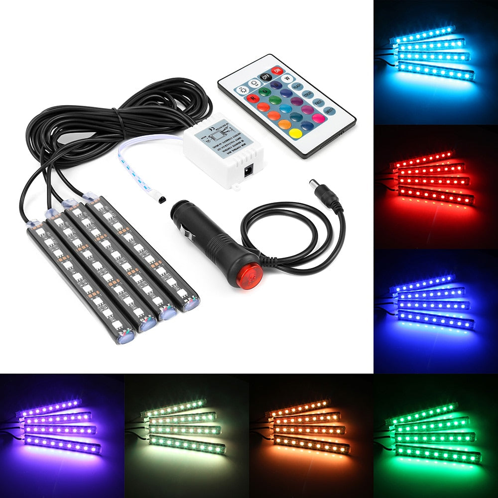 RGB Interior Car LED Light Kit with Remote, 4-Piece Color-Changing Ambient Strips