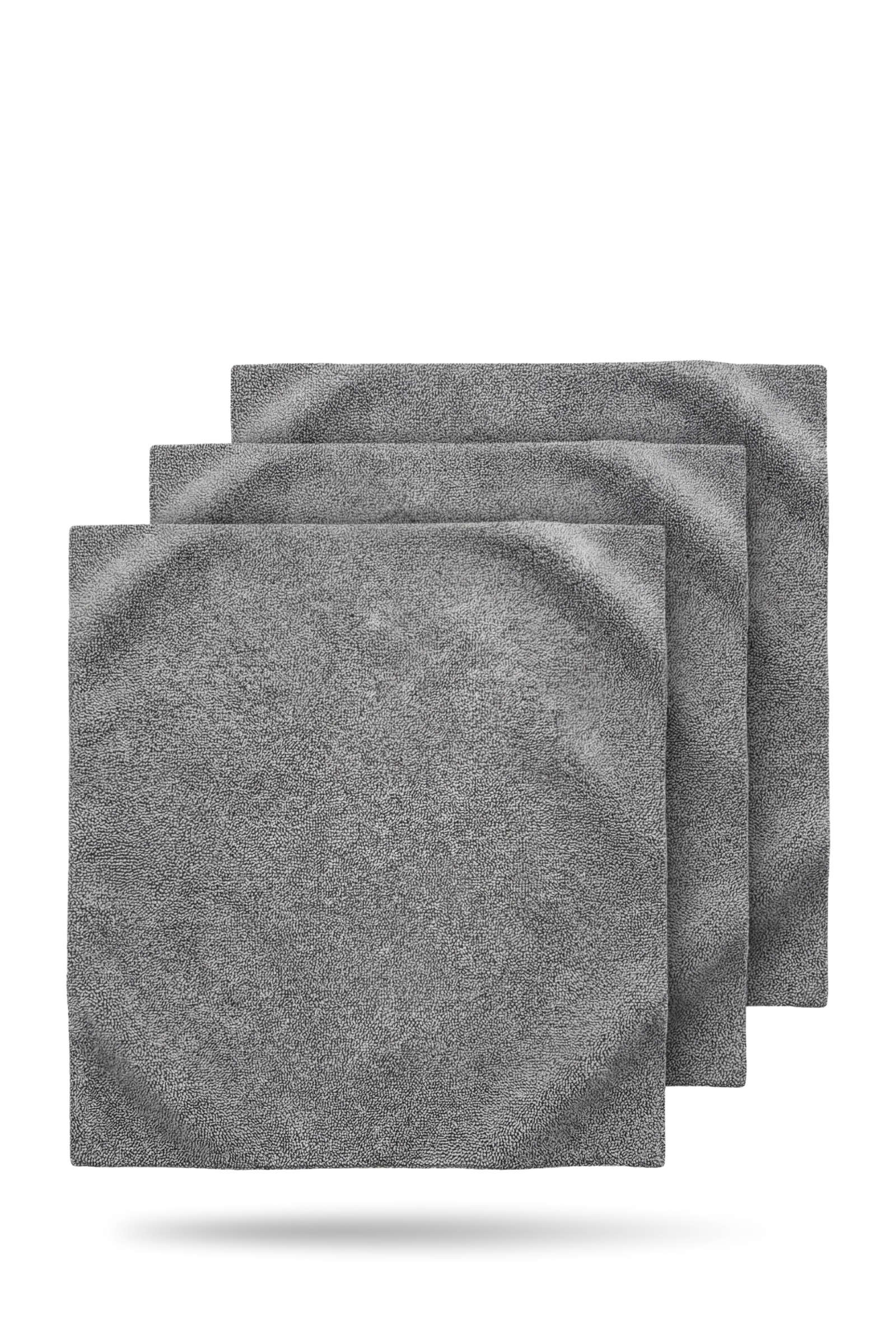 Three gray fabric swatches stacked on a white background