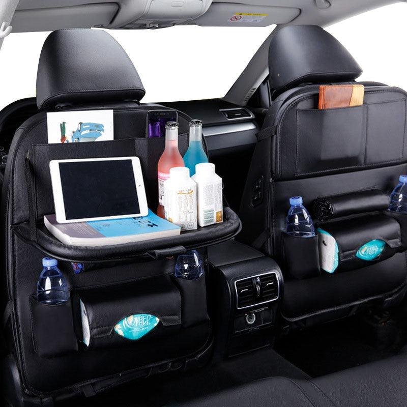 PU Leather Car Seat-Back Organizer with Fold-Down Tray and Tablet Holder