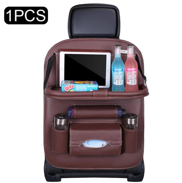 PU Leather Car Seat-Back Organizer with Fold-Down Tray and Tablet Holder