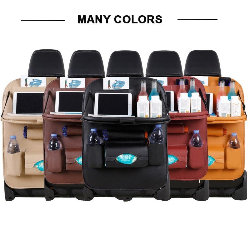 PU Leather Car Seat-Back Organizer with Fold-Down Tray and Tablet Holder