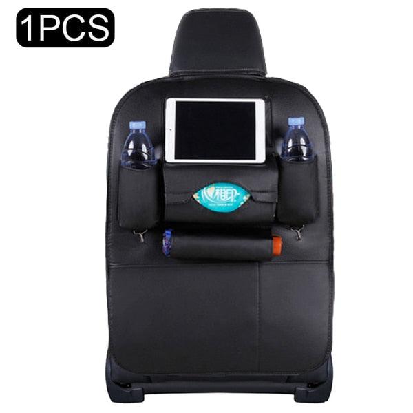 PU Leather Car Seat-Back Organizer with Fold-Down Tray and Tablet Holder