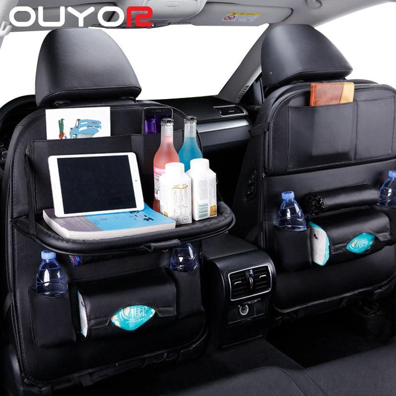 PU Leather Car Seat-Back Organizer with Fold-Down Tray and Tablet Holder