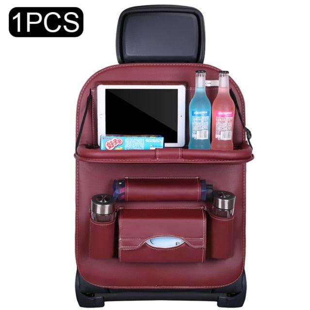 PU Leather Car Seat-Back Organizer with Fold-Down Tray and Tablet Holder