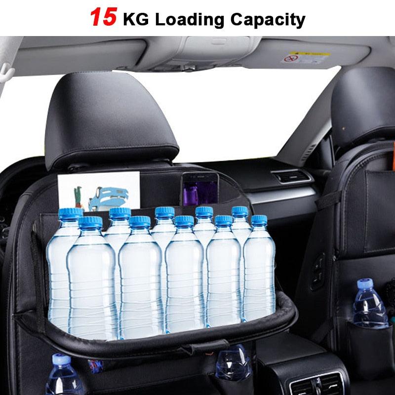 PU Leather Car Seat-Back Organizer with Fold-Down Tray and Tablet Holder