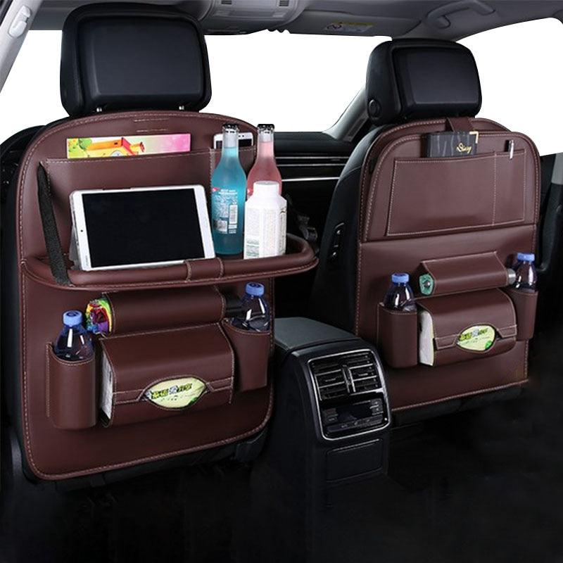 PU Leather Car Seat-Back Organizer with Fold-Down Tray and Tablet Holder