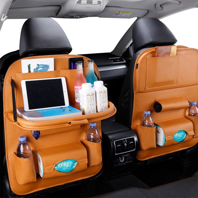 PU Leather Car Seat-Back Organizer with Fold-Down Tray and Tablet Holder