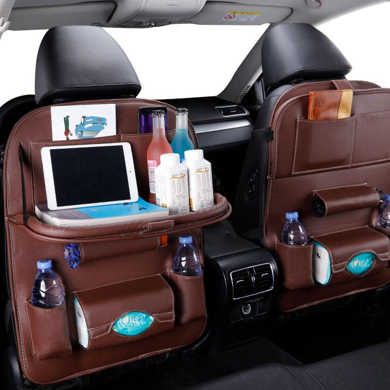 PU Leather Car Seat-Back Organizer with Fold-Down Tray and Tablet Holder