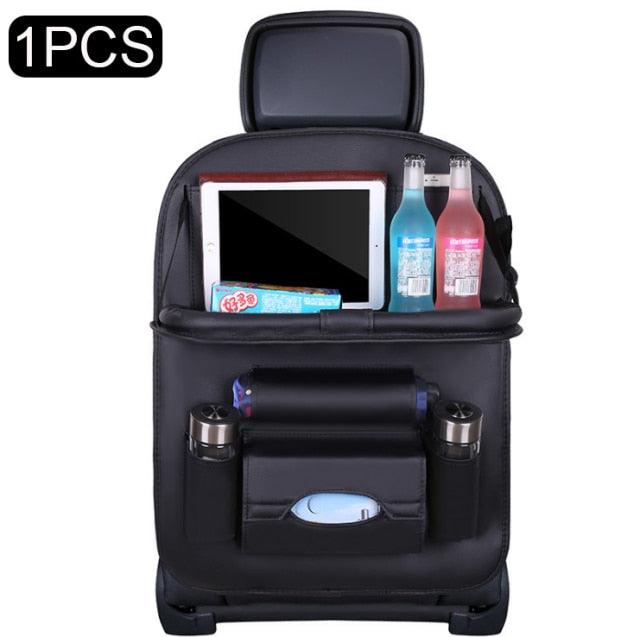 PU Leather Car Seat-Back Organizer with Fold-Down Tray and Tablet Holder
