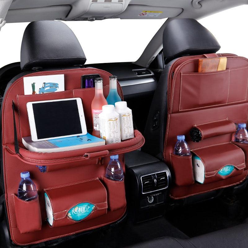 PU Leather Car Seat-Back Organizer with Fold-Down Tray and Tablet Holder