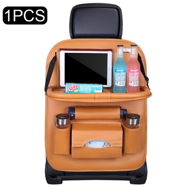PU Leather Car Seat-Back Organizer with Fold-Down Tray and Tablet Holder