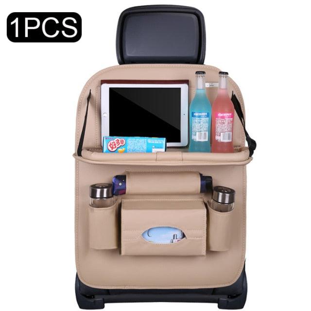 PU Leather Car Seat-Back Organizer with Fold-Down Tray and Tablet Holder