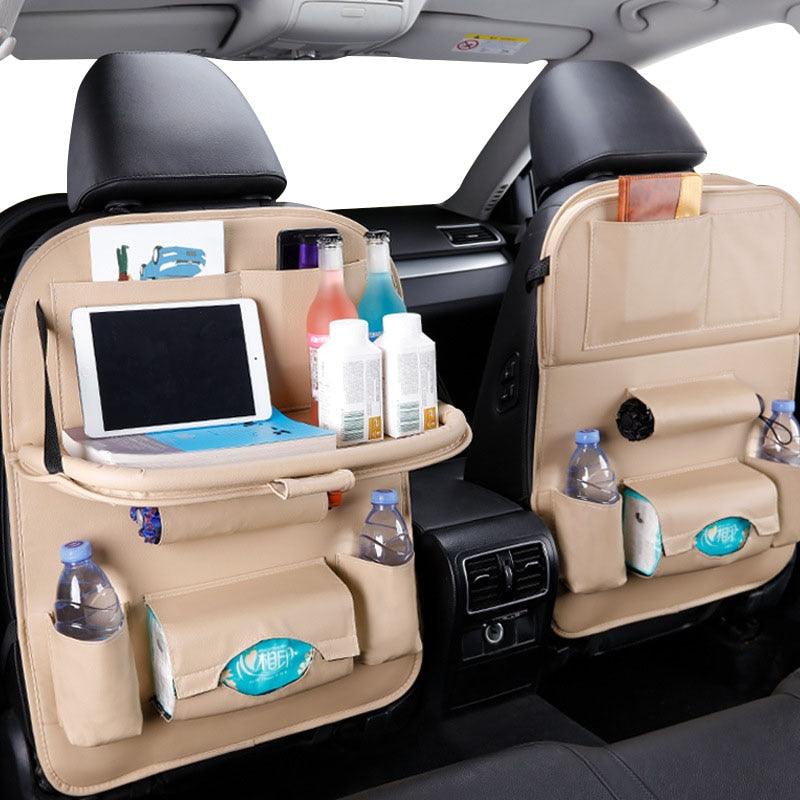 PU Leather Car Seat-Back Organizer with Fold-Down Tray and Tablet Holder