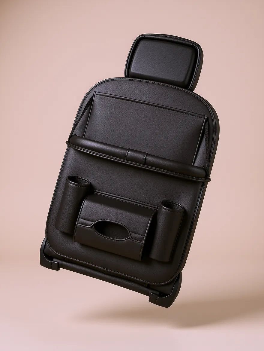 PU Leather Car Seat-Back Organizer with Fold-Down Tray and Tablet Holder